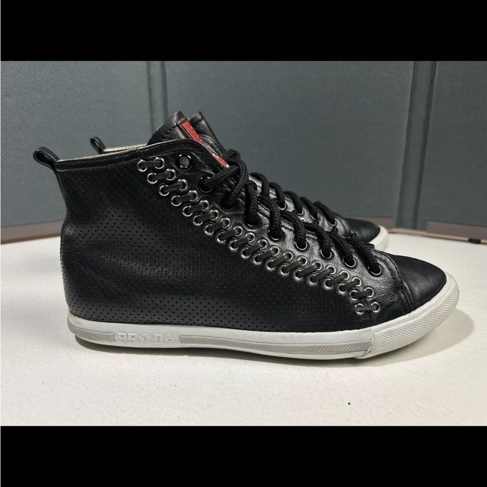 PRADA Womens 36.5 Black Perforated Leather High Top Sneakers Shoes Made in Italy - Picture 4 of 13
